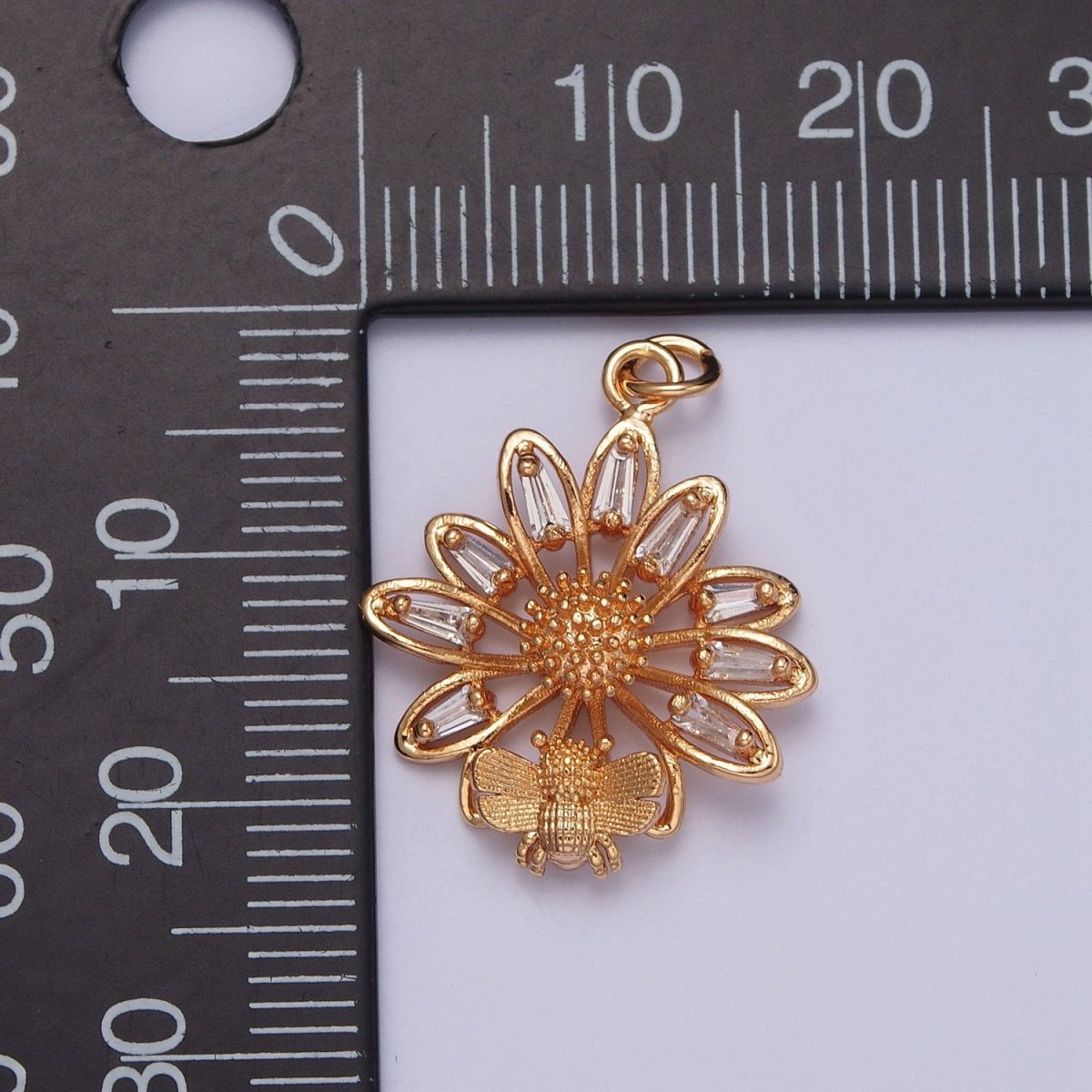 16K Gold Filled Honey Bee & Flower Baguette CZ Petal Charm For Spring Garden Jewelry | X-220