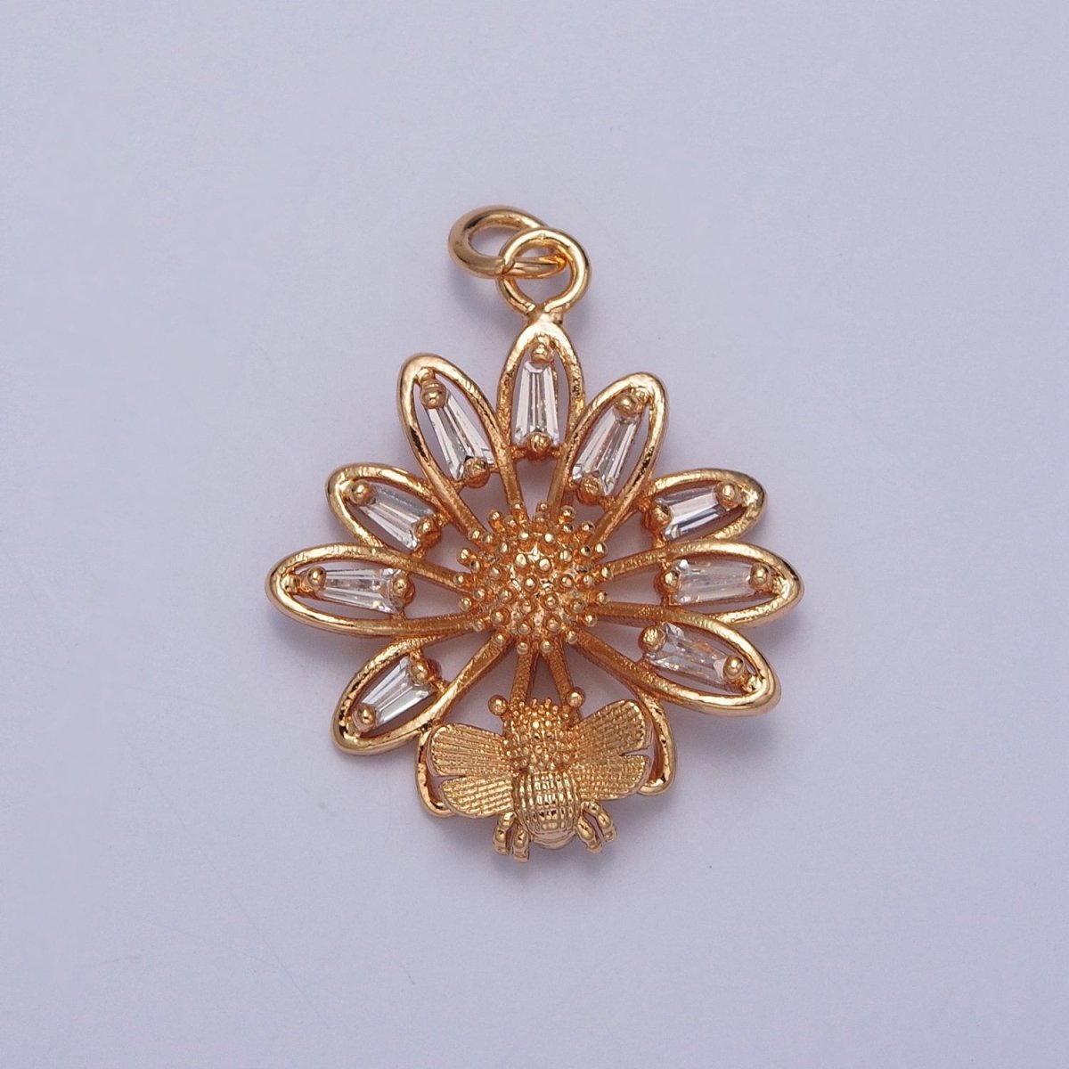16K Gold Filled Honey Bee & Flower Baguette CZ Petal Charm For Spring Garden Jewelry | X-220
