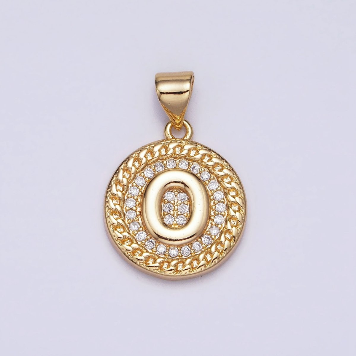 16K Gold Filled Initial Letter A-Z Micro Paved Curb Link Round Coin Pendant | A-442-A-454
