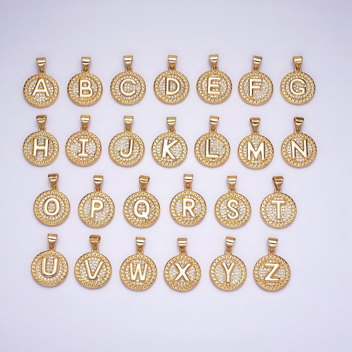 16K Gold Filled Initial Letter A-Z Micro Paved Curb Link Round Coin Pendant | A-442-A-454