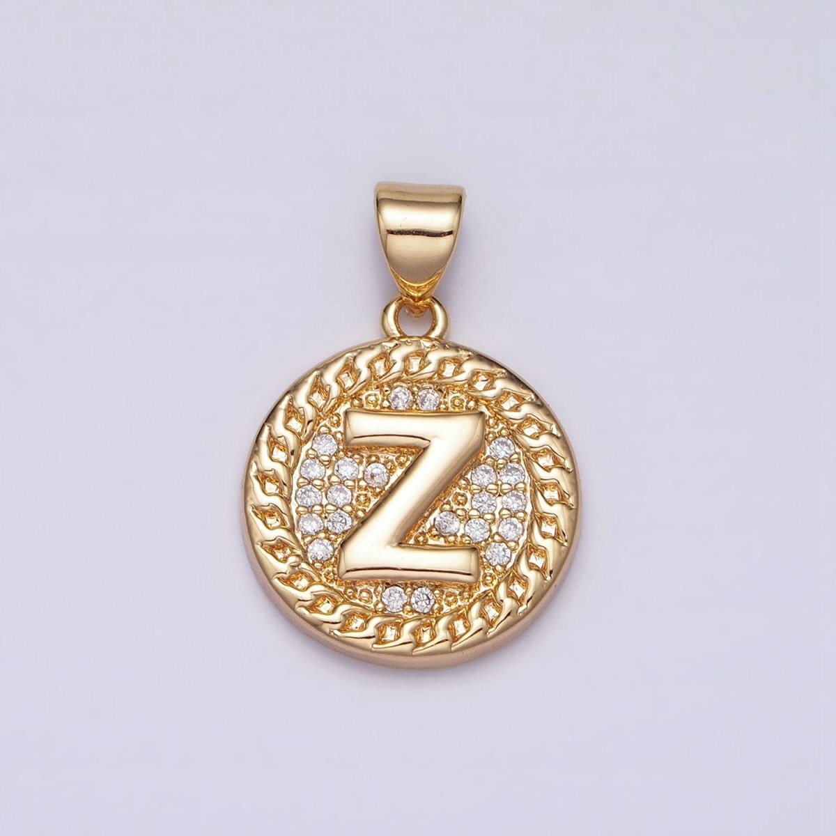 16K Gold Filled Initial Letter A-Z Micro Paved Curb Link Round Coin Pendant | A-442-A-454