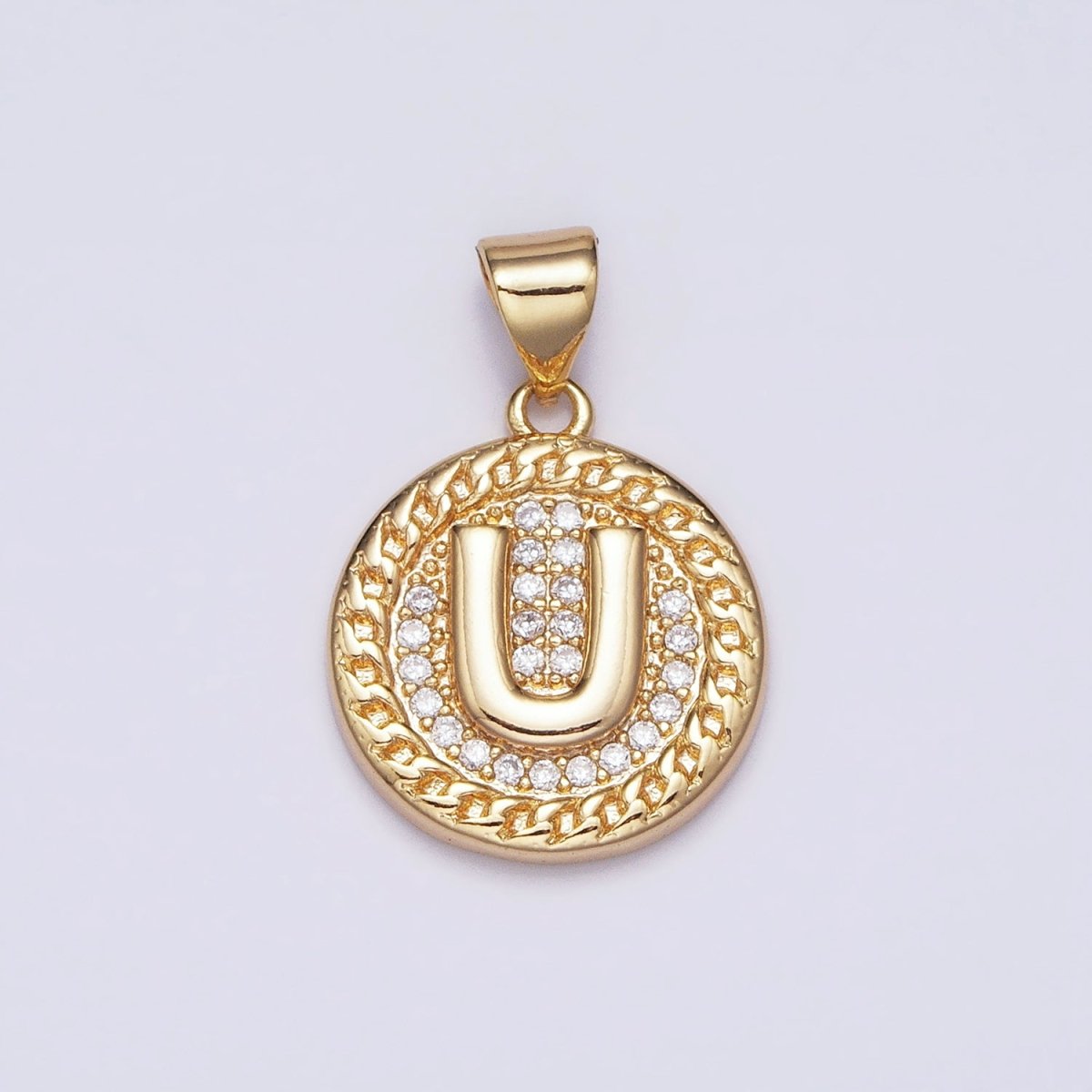 16K Gold Filled Initial Letter A-Z Micro Paved Curb Link Round Coin Pendant | A-442-A-454