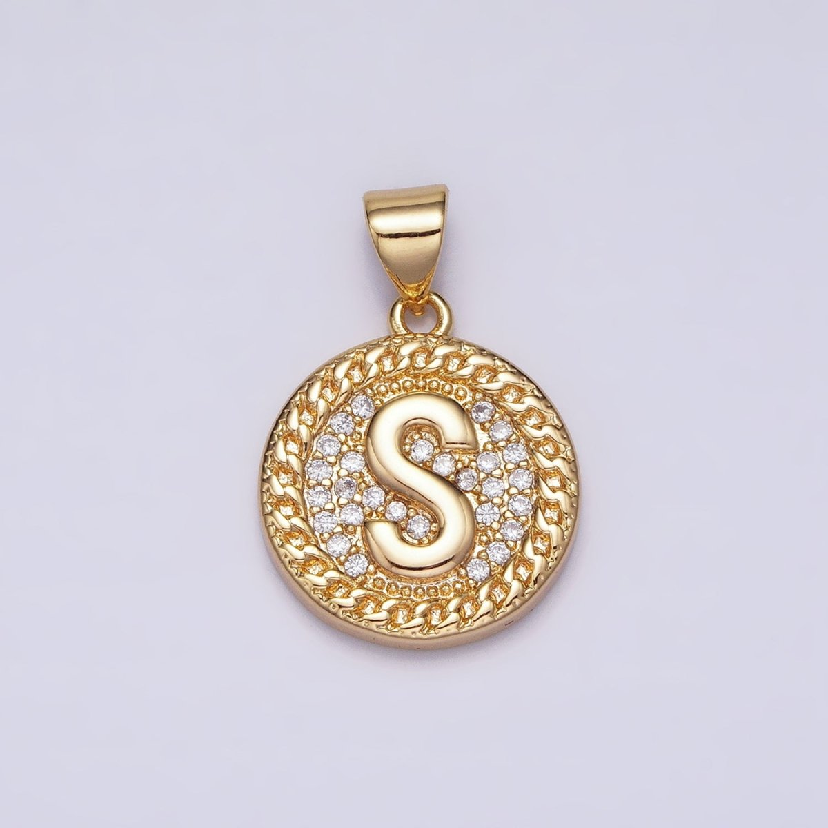 16K Gold Filled Initial Letter A-Z Micro Paved Curb Link Round Coin Pendant | A-442-A-454
