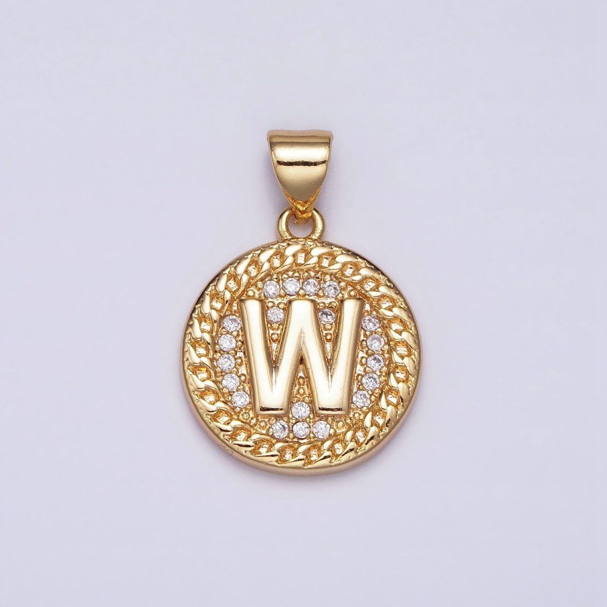 16K Gold Filled Initial Letter A-Z Micro Paved Curb Link Round Coin Pendant | A-442-A-454
