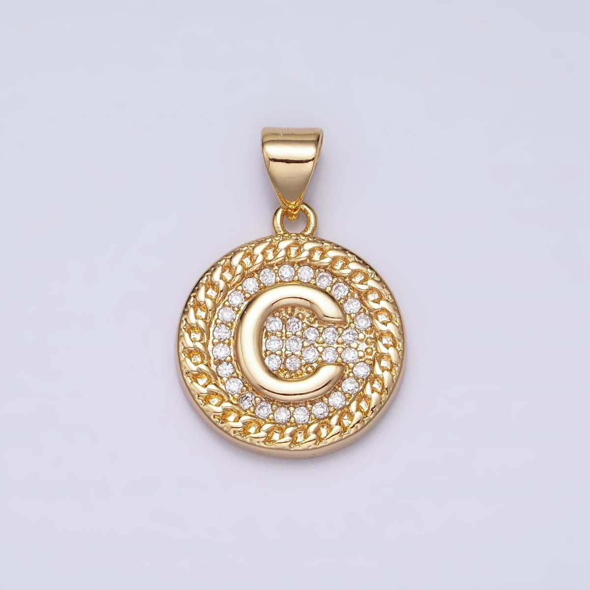 16K Gold Filled Initial Letter A-Z Micro Paved Curb Link Round Coin Pendant | A-442-A-454