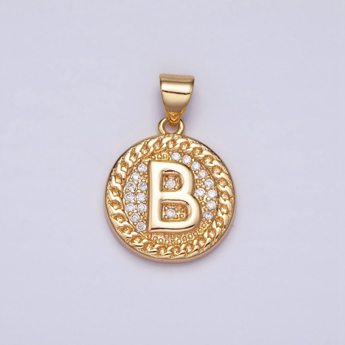 16K Gold Filled Initial Letter A-Z Micro Paved Curb Link Round Coin Pendant | A-442-A-454