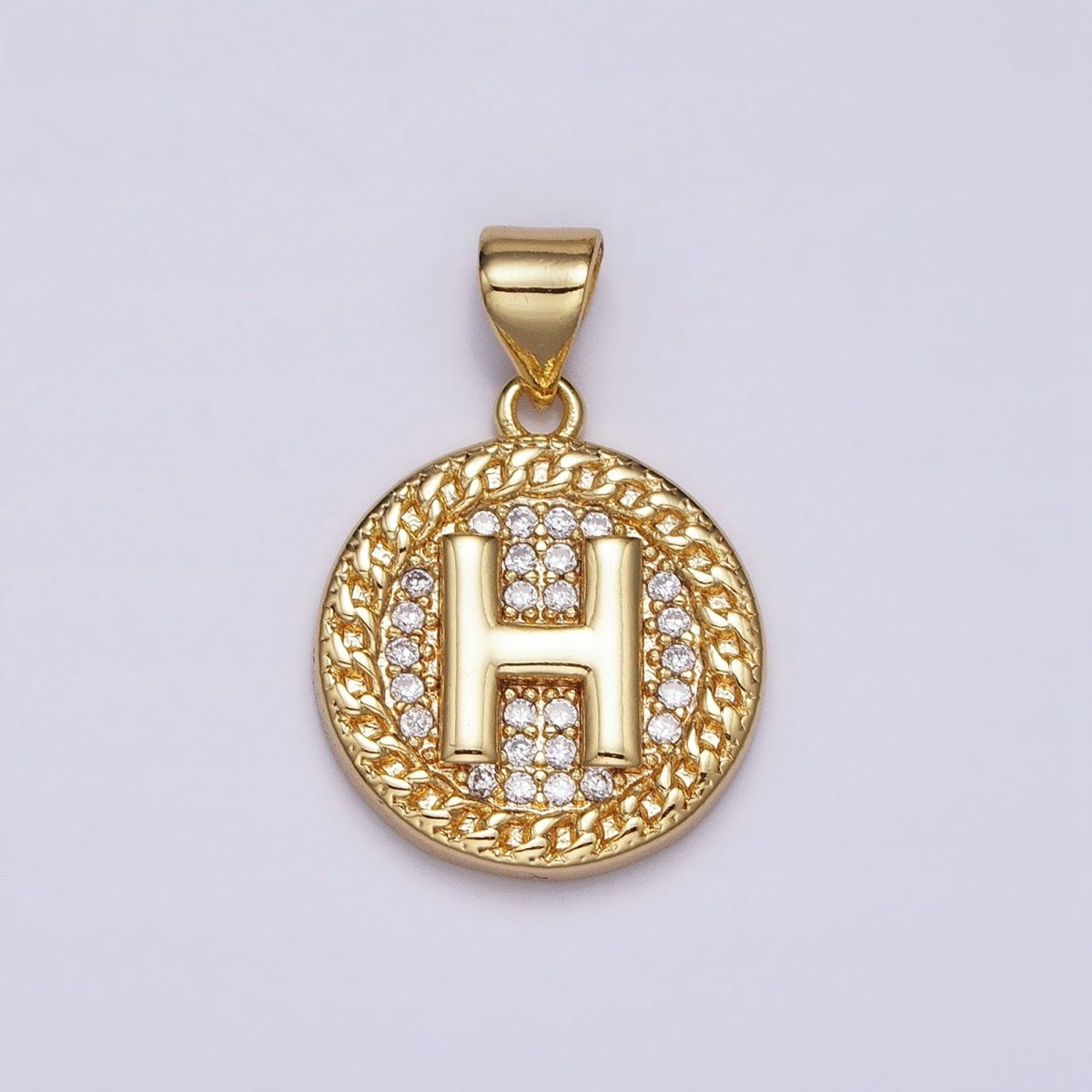 16K Gold Filled Initial Letter A-Z Micro Paved Curb Link Round Coin Pendant | A-442-A-454