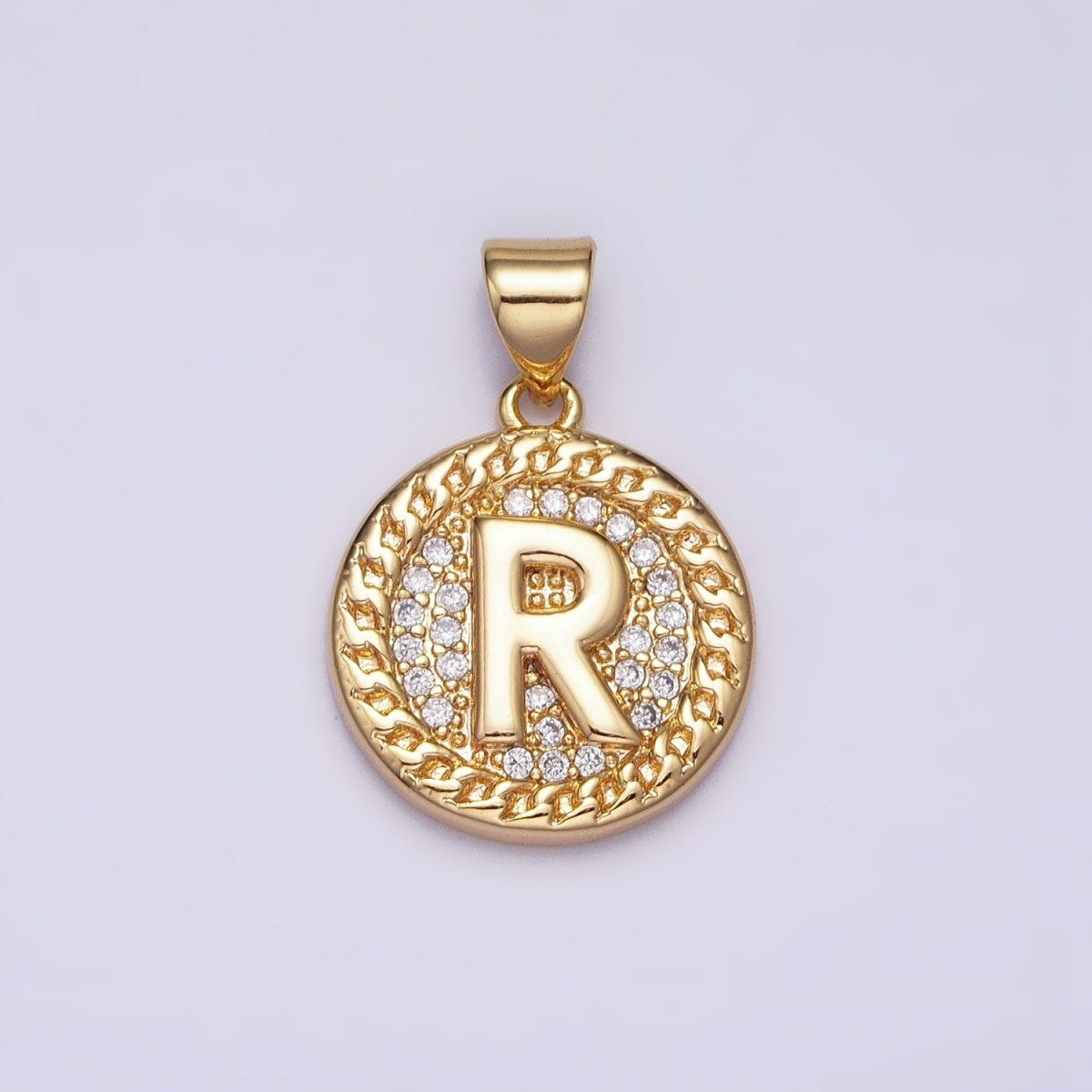 16K Gold Filled Initial Letter A-Z Micro Paved Curb Link Round Coin Pendant | A-442-A-454