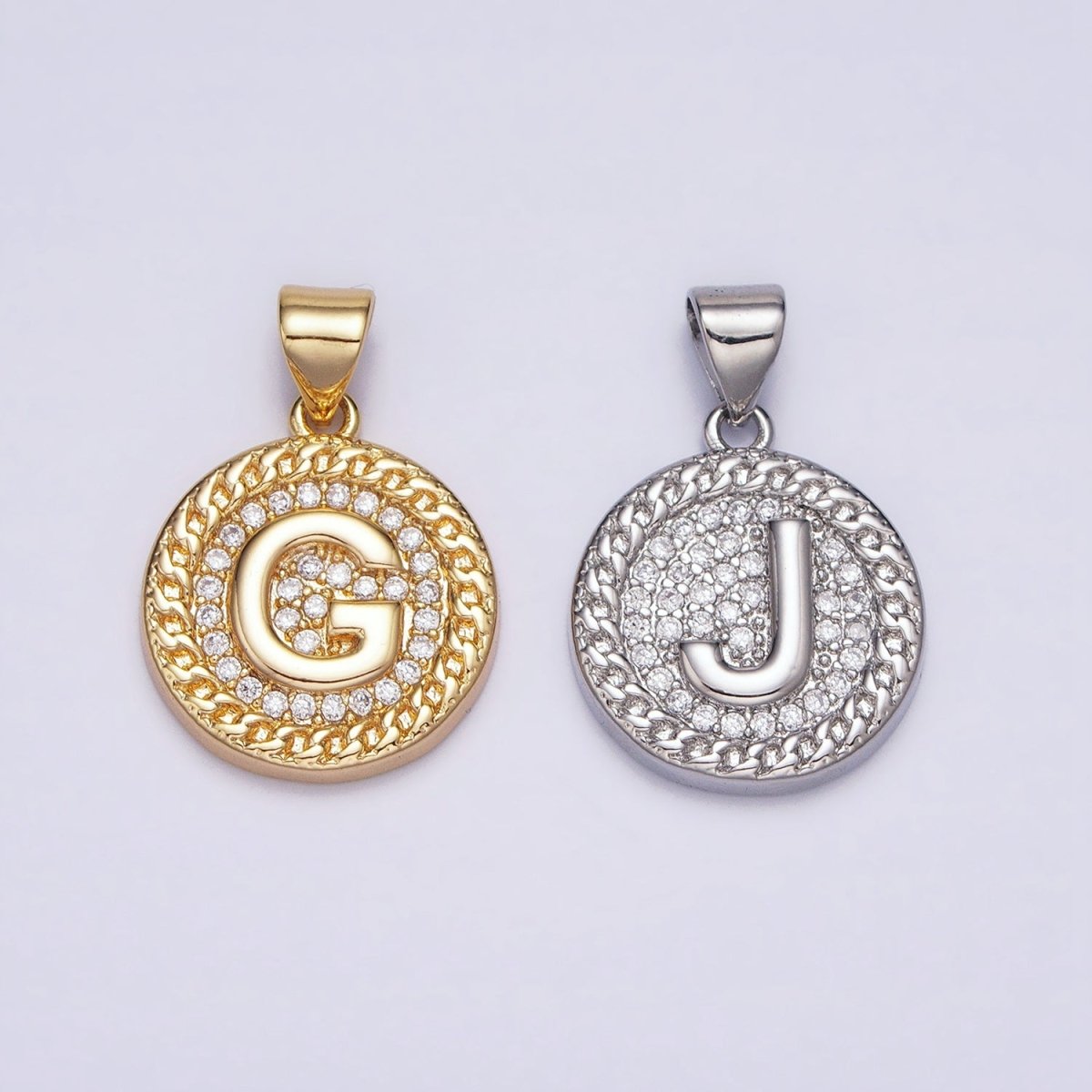 16K Gold Filled Initial Letter A-Z Micro Paved Curb Link Round Coin Pendant | A-442-A-454