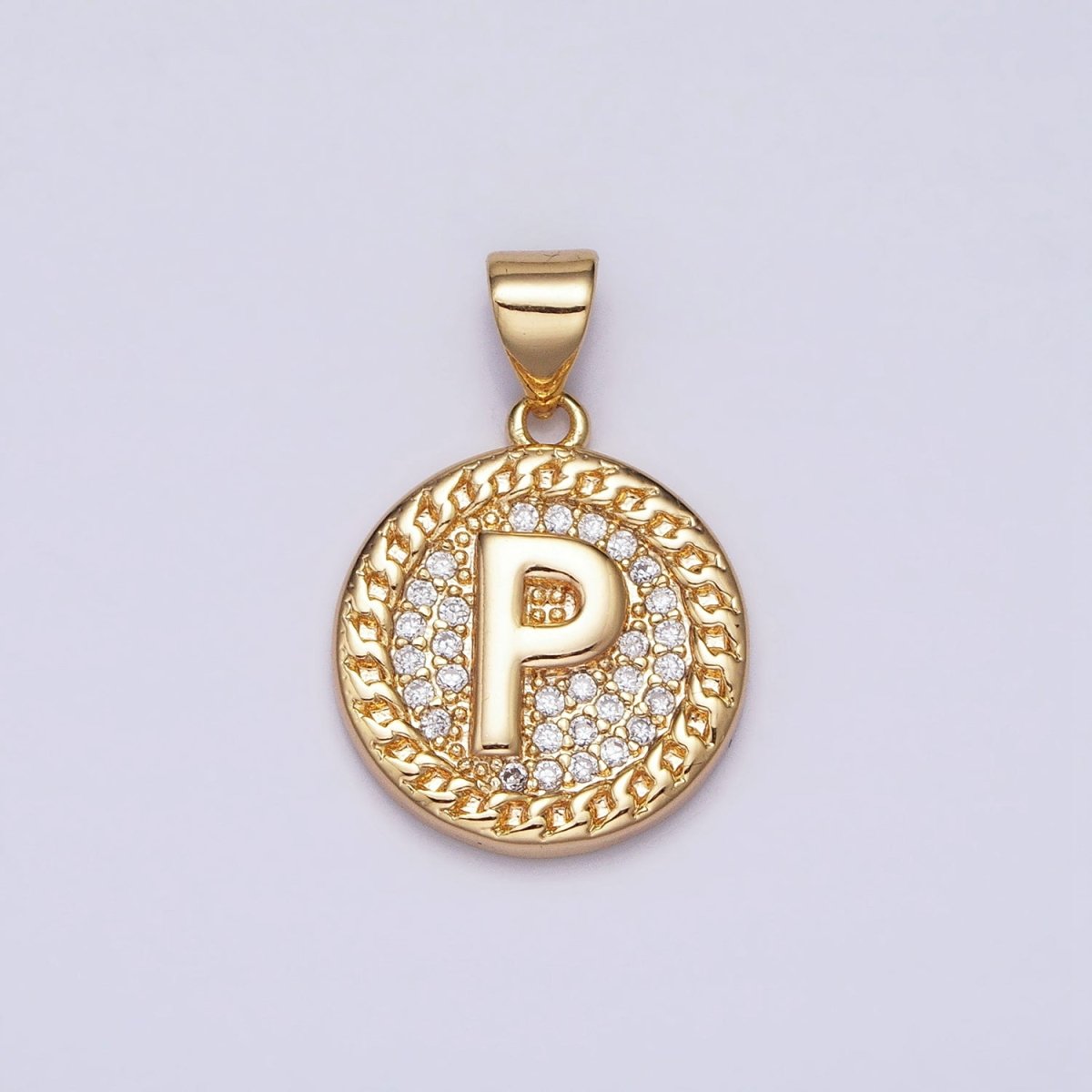 16K Gold Filled Initial Letter A-Z Micro Paved Curb Link Round Coin Pendant | A-442-A-454