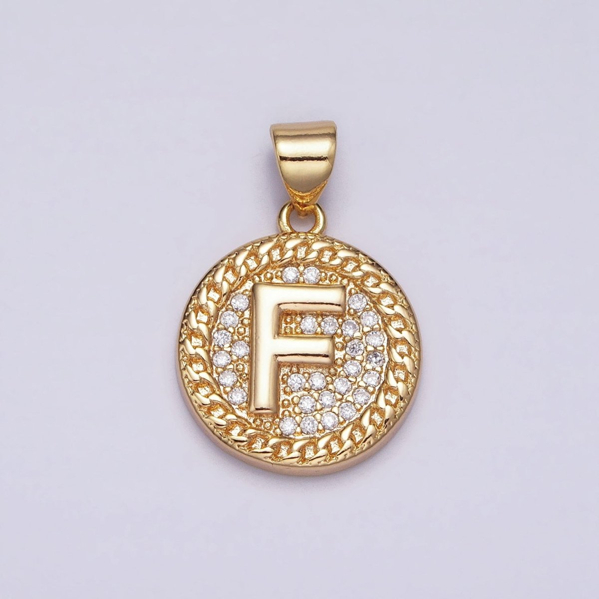16K Gold Filled Initial Letter A-Z Micro Paved Curb Link Round Coin Pendant | A-442-A-454