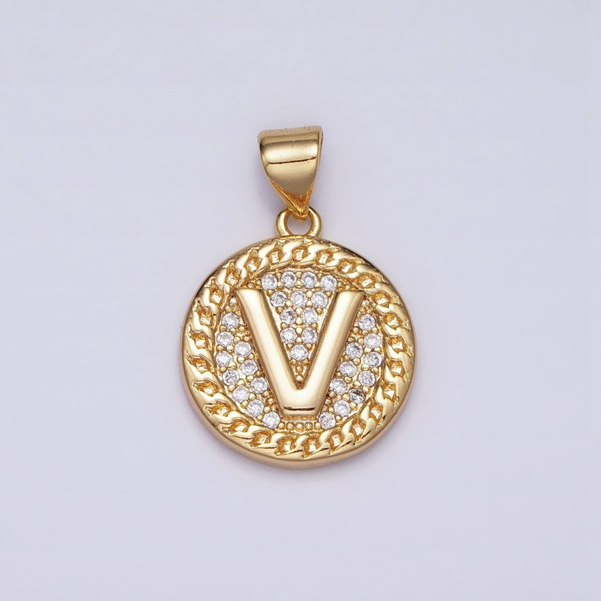 16K Gold Filled Initial Letter A-Z Micro Paved Curb Link Round Coin Pendant | A-442-A-454