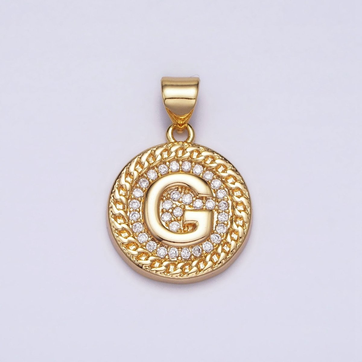 16K Gold Filled Initial Letter A-Z Micro Paved Curb Link Round Coin Pendant | A-442-A-454