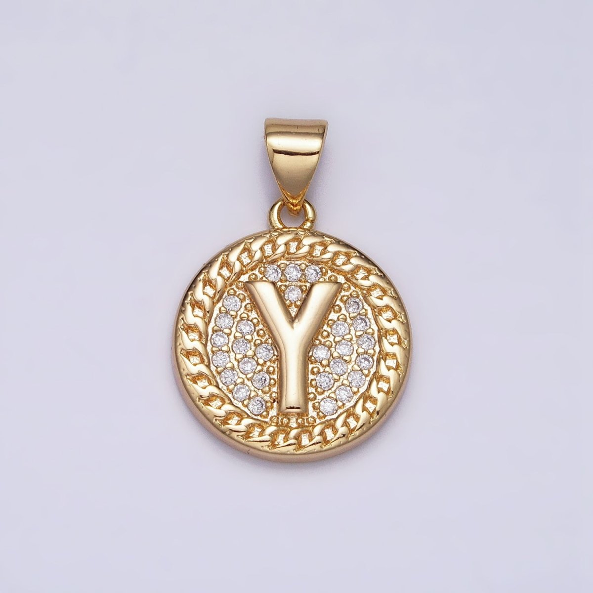 16K Gold Filled Initial Letter A-Z Micro Paved Curb Link Round Coin Pendant | A-442-A-454