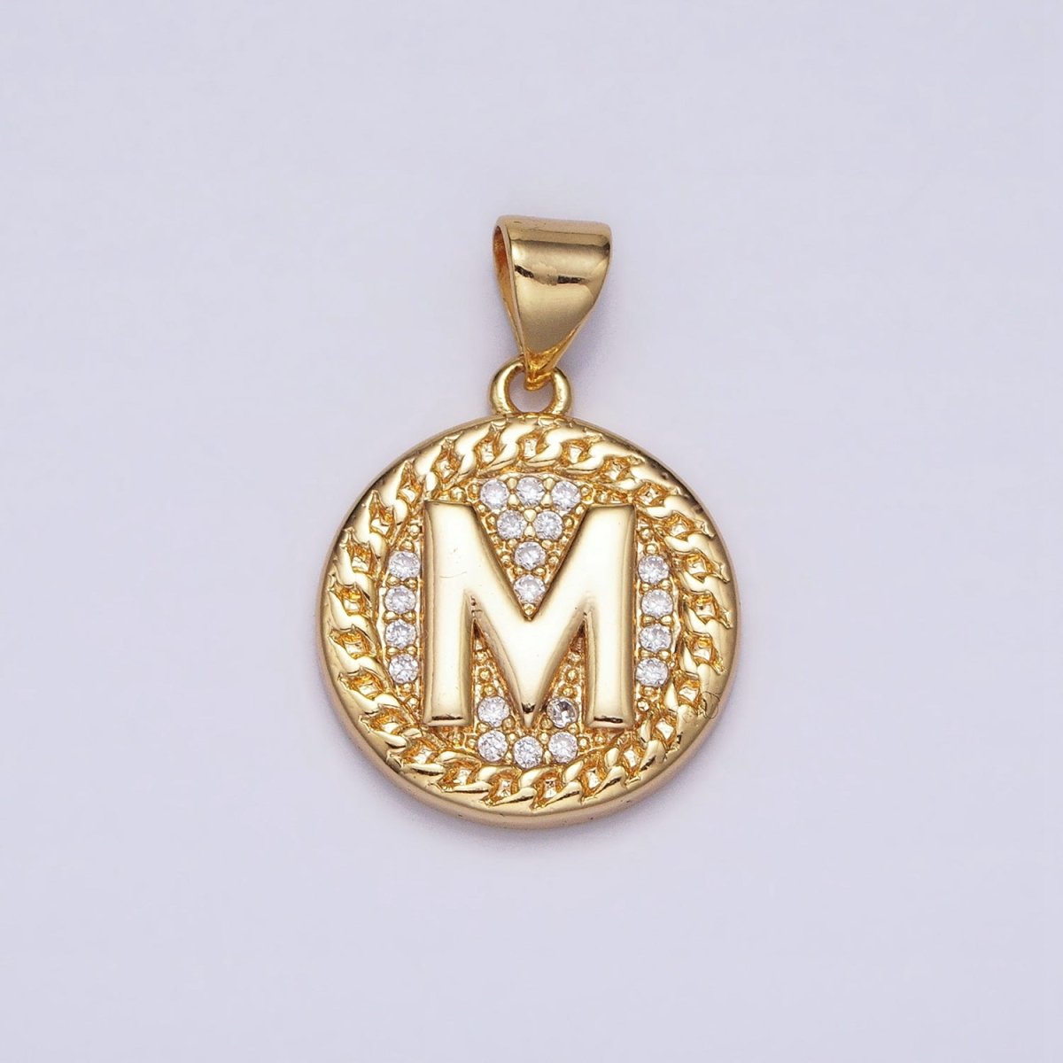16K Gold Filled Initial Letter A-Z Micro Paved Curb Link Round Coin Pendant | A-442-A-454