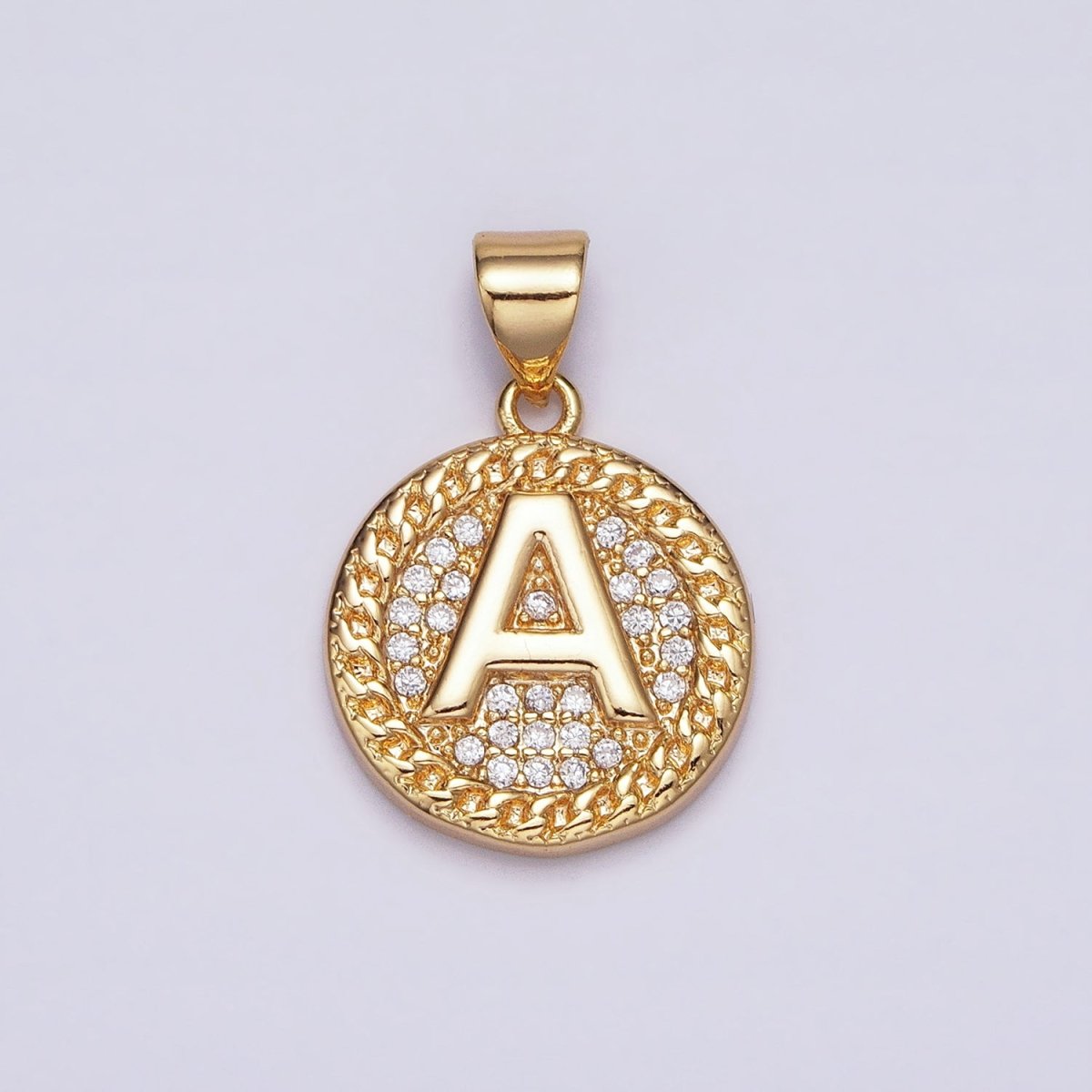 16K Gold Filled Initial Letter A-Z Micro Paved Curb Link Round Coin Pendant | A-442-A-454