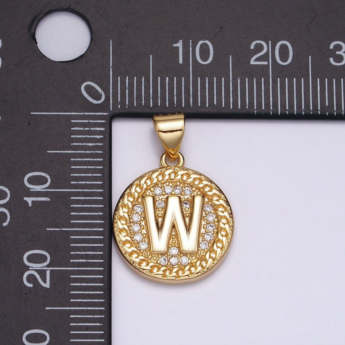 16K Gold Filled Initial Letter A-Z Micro Paved Curb Link Round Coin Pendant | A-442-A-454
