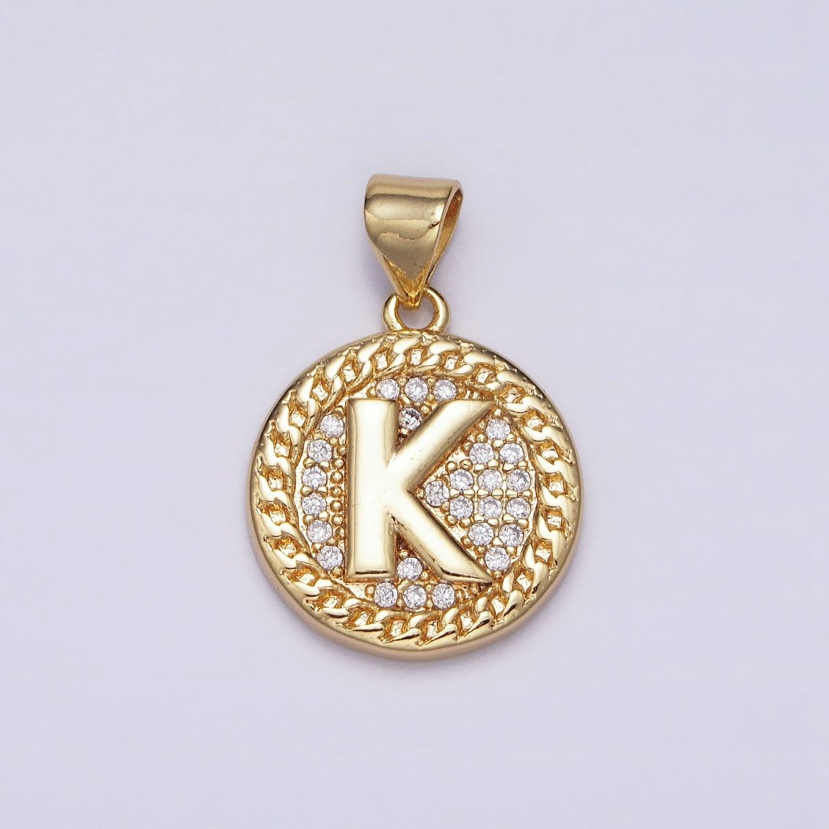 16K Gold Filled Initial Letter A-Z Micro Paved Curb Link Round Coin Pendant | A-442-A-454