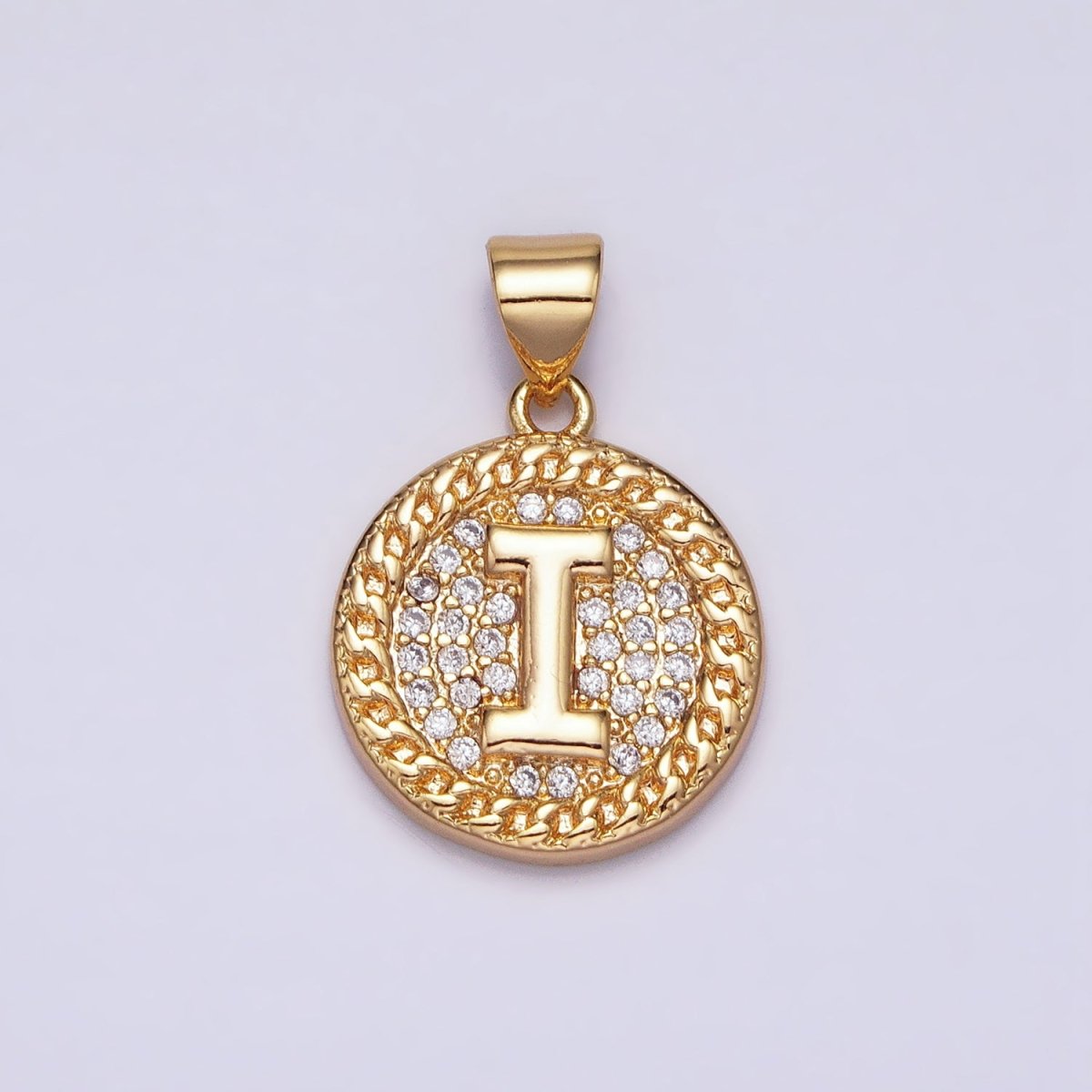 16K Gold Filled Initial Letter A-Z Micro Paved Curb Link Round Coin Pendant | A-442-A-454