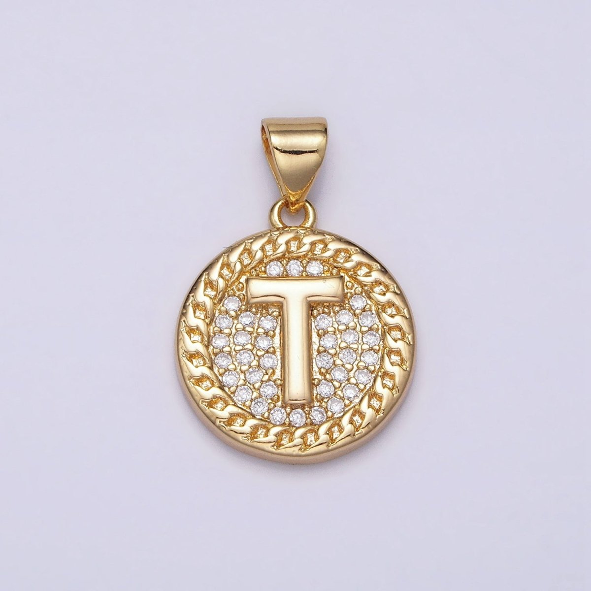 16K Gold Filled Initial Letter A-Z Micro Paved Curb Link Round Coin Pendant | A-442-A-454