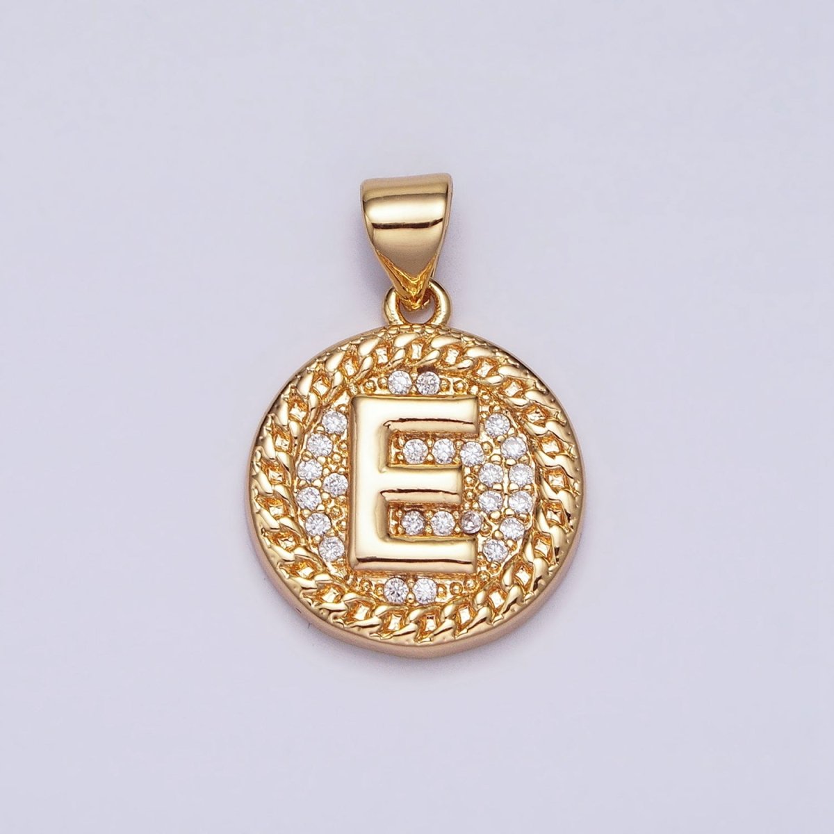 16K Gold Filled Initial Letter A-Z Micro Paved Curb Link Round Coin Pendant | A-442-A-454