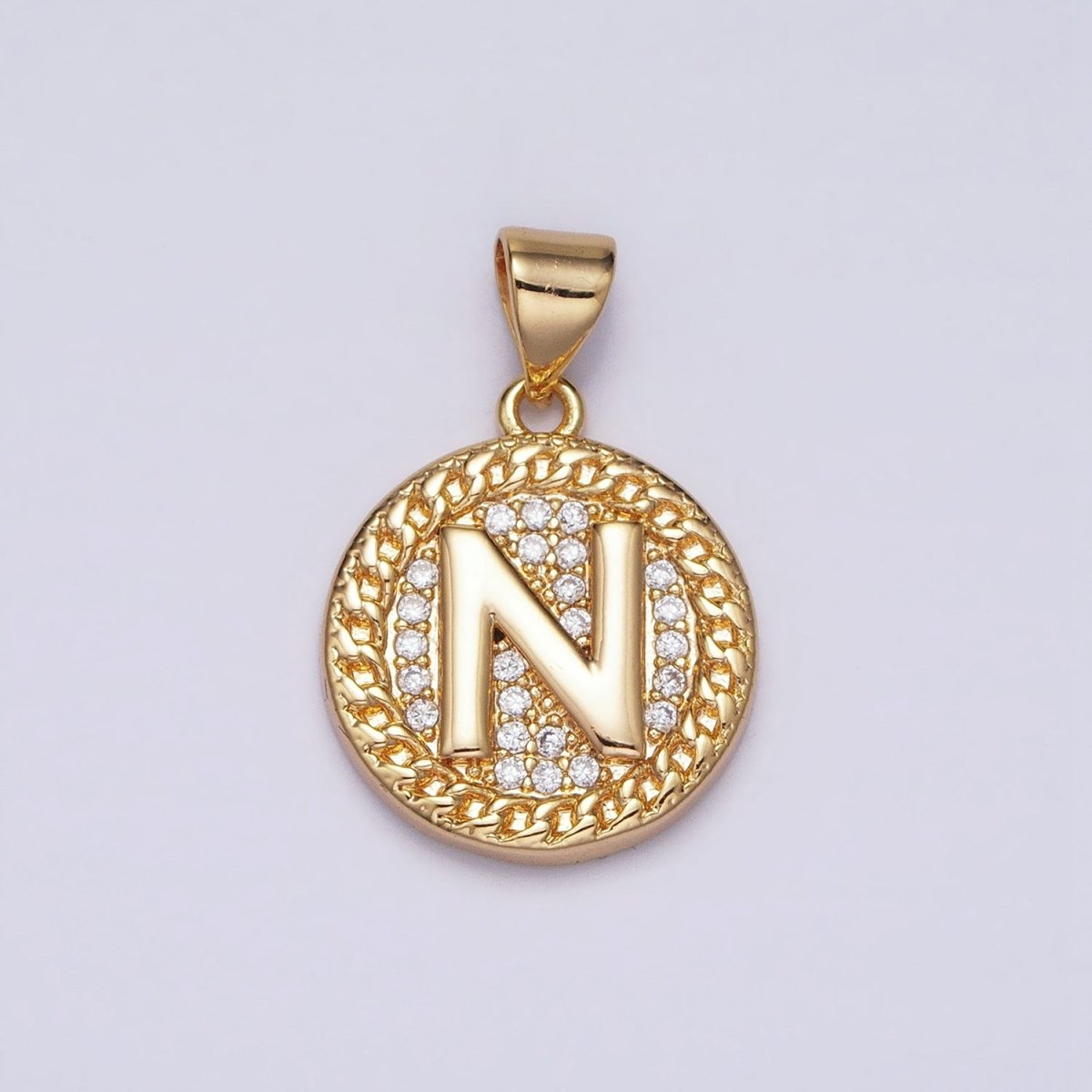 16K Gold Filled Initial Letter A-Z Micro Paved Curb Link Round Coin Pendant | A-442-A-454