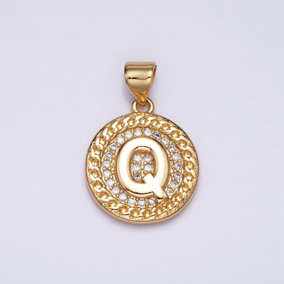 16K Gold Filled Initial Letter A-Z Micro Paved Curb Link Round Coin Pendant | A-442-A-454