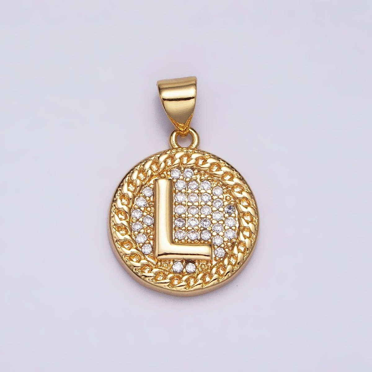 16K Gold Filled Initial Letter A-Z Micro Paved Curb Link Round Coin Pendant | A-442-A-454
