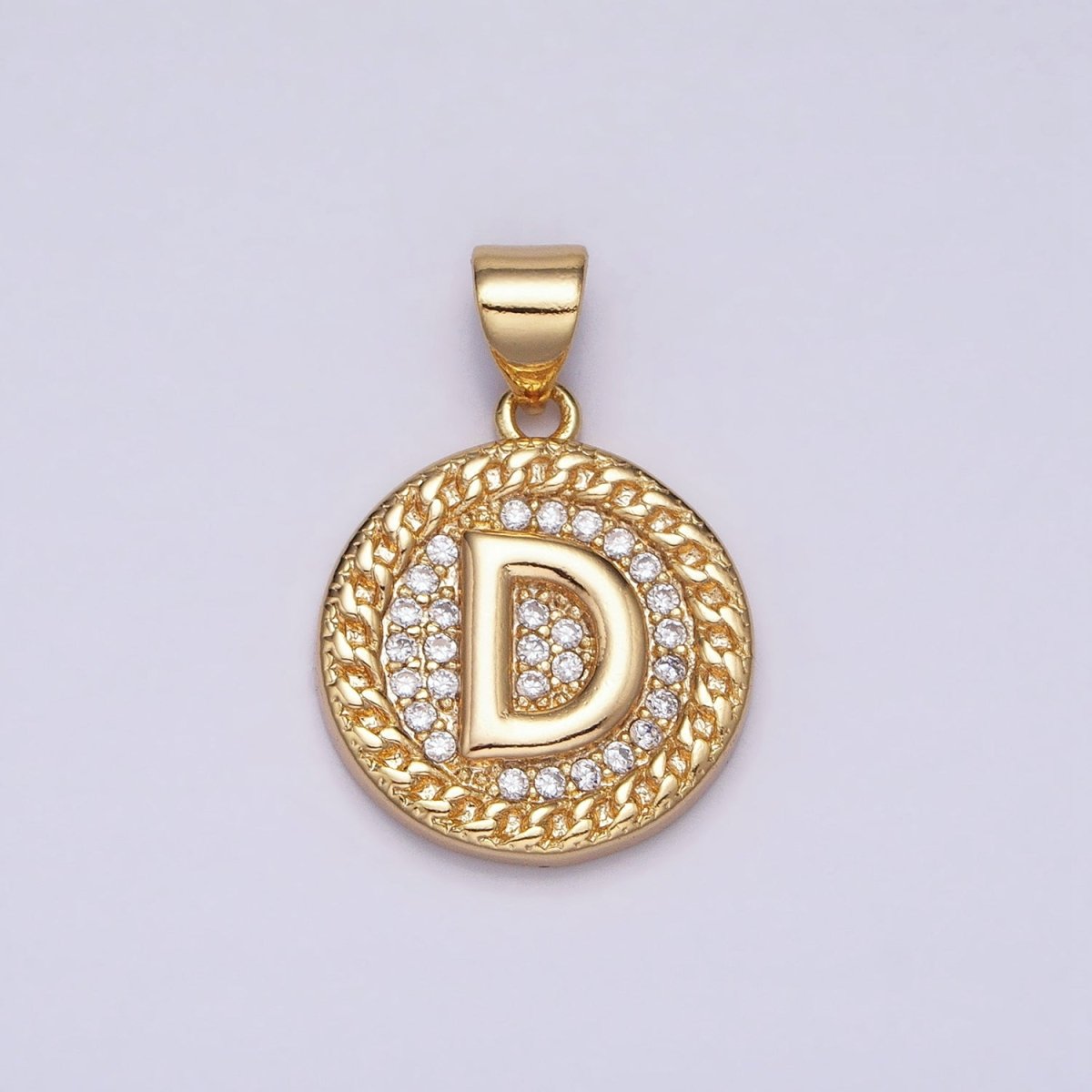 16K Gold Filled Initial Letter A-Z Micro Paved Curb Link Round Coin Pendant | A-442-A-454