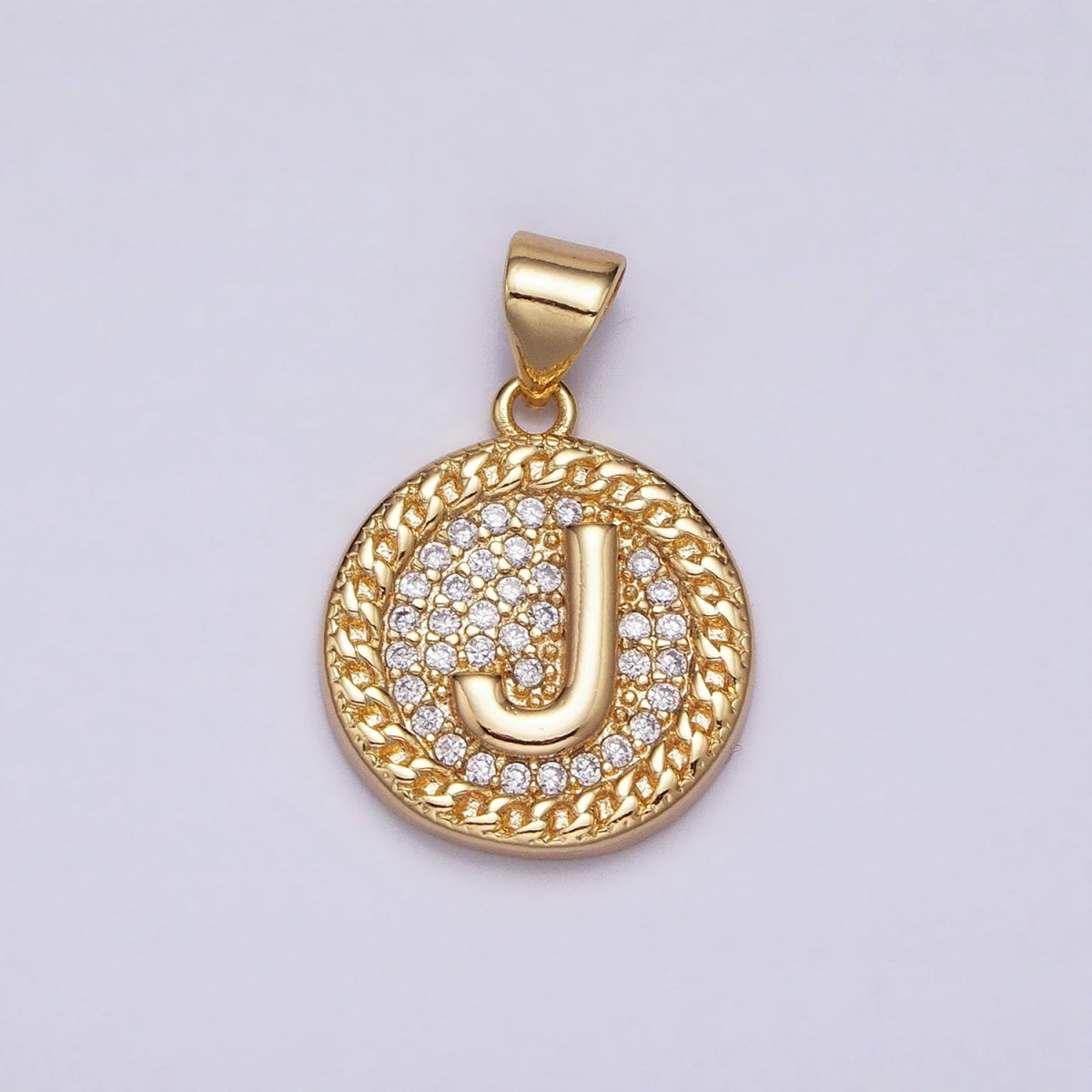 16K Gold Filled Initial Letter A-Z Micro Paved Curb Link Round Coin Pendant | A-442-A-454