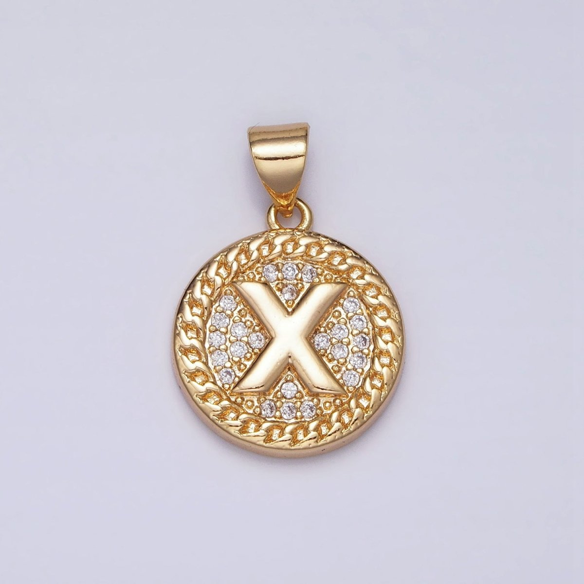 16K Gold Filled Initial Letter A-Z Micro Paved Curb Link Round Coin Pendant | A-442-A-454