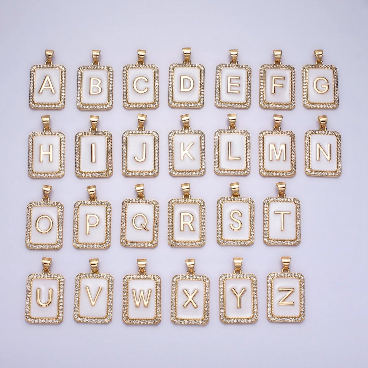 16K Gold Filled Initial Letter A-Z White Enamel Micro Paved CZ Personalized Tag Pendant | A-482-A-494