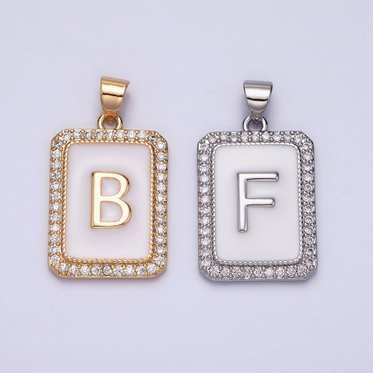 16K Gold Filled Initial Letter A-Z White Enamel Micro Paved CZ Personalized Tag Pendant | A-482-A-494
