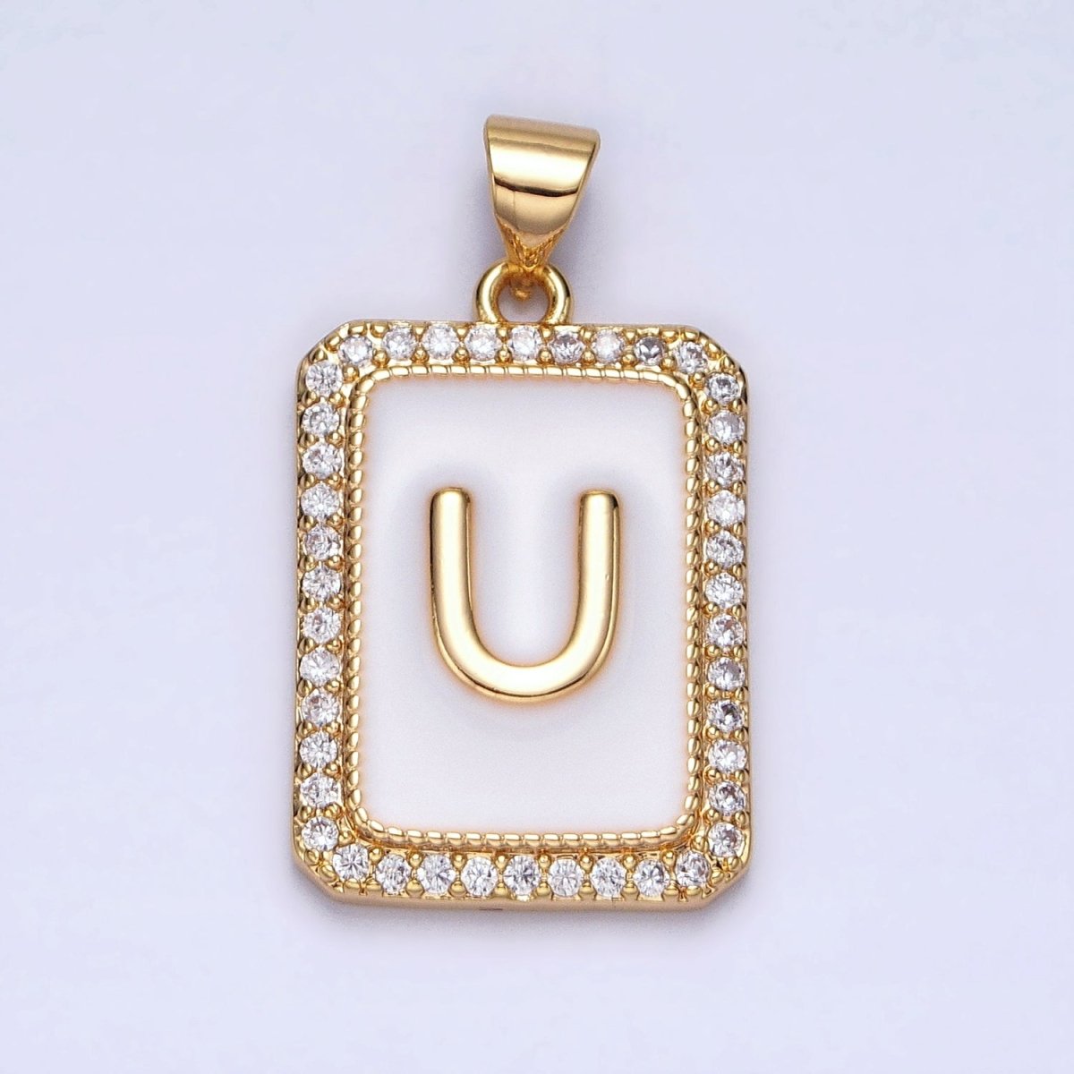 16K Gold Filled Initial Letter A-Z White Enamel Micro Paved CZ Personalized Tag Pendant | A-482-A-494