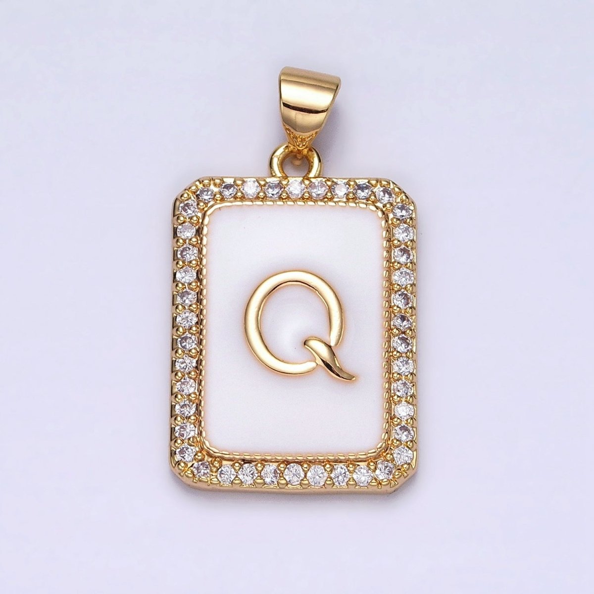 16K Gold Filled Initial Letter A-Z White Enamel Micro Paved CZ Personalized Tag Pendant | A-482-A-494
