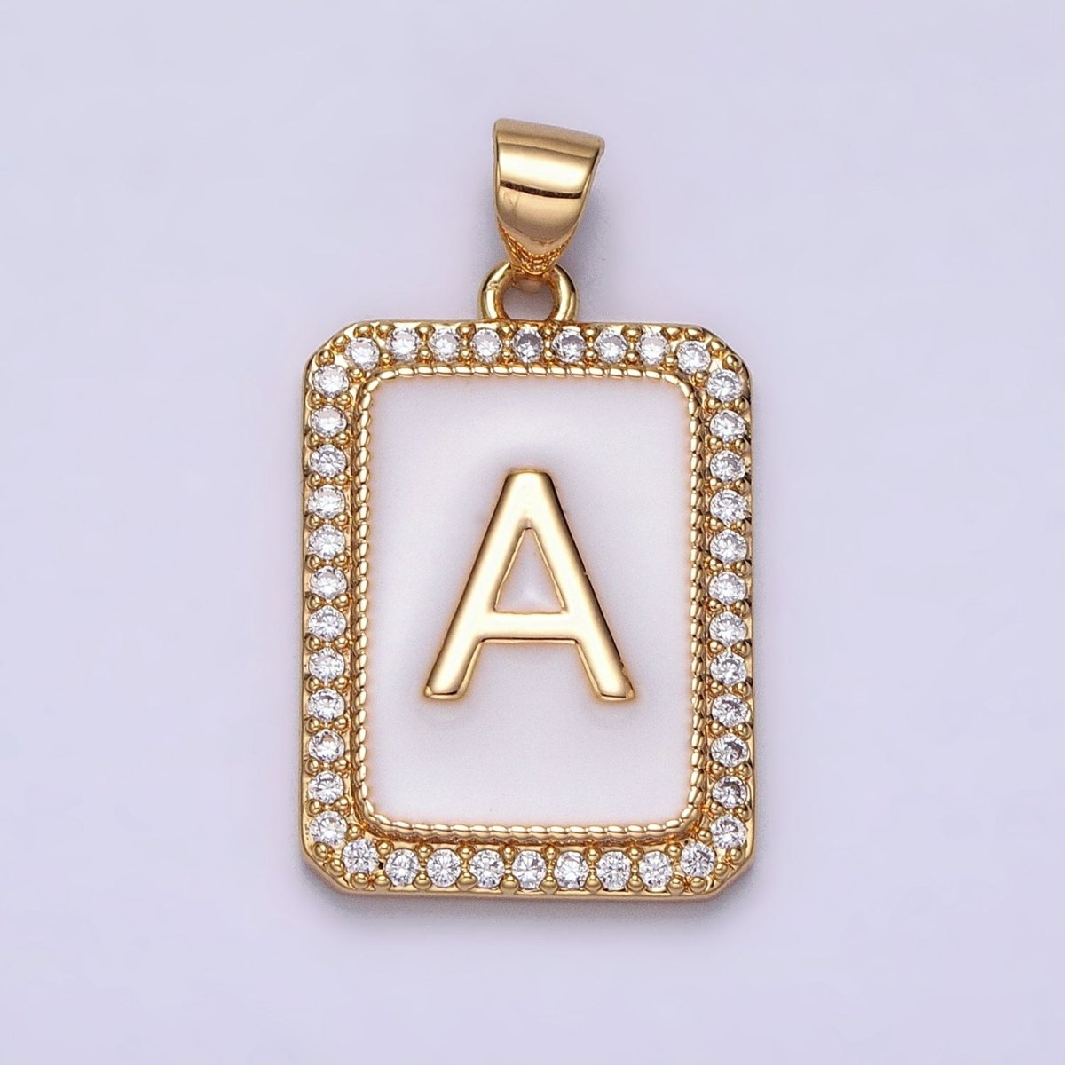 16K Gold Filled Initial Letter A-Z White Enamel Micro Paved CZ Personalized Tag Pendant | A-482-A-494