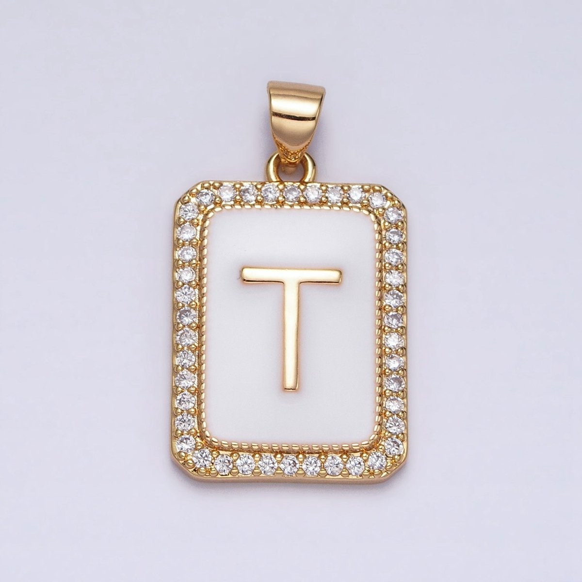 16K Gold Filled Initial Letter A-Z White Enamel Micro Paved CZ Personalized Tag Pendant | A-482-A-494