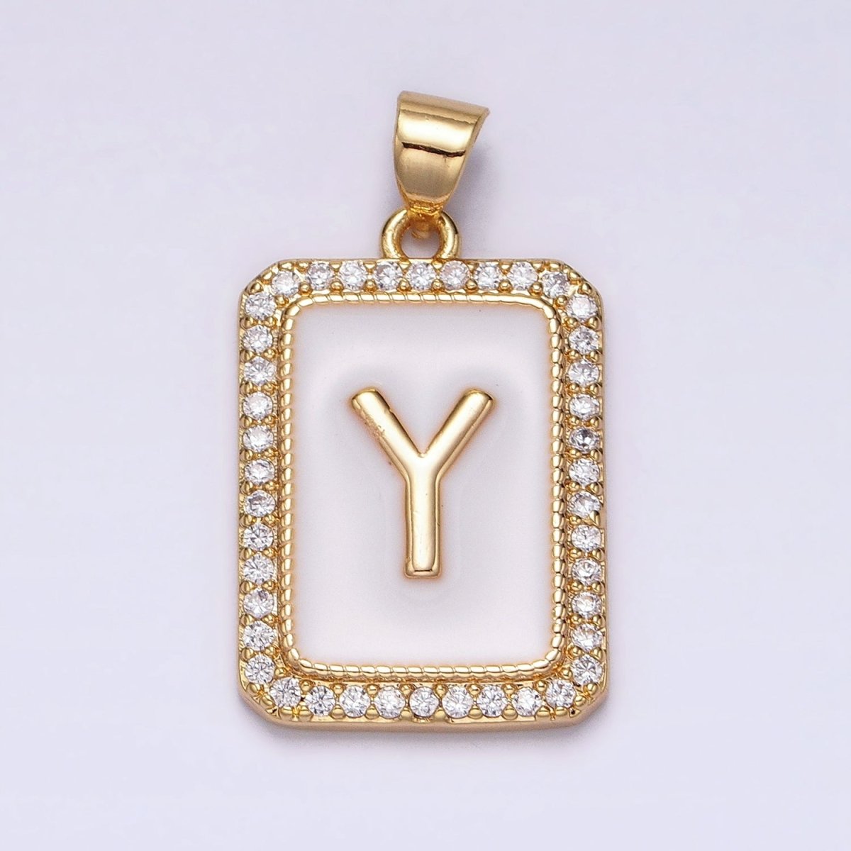 16K Gold Filled Initial Letter A-Z White Enamel Micro Paved CZ Personalized Tag Pendant | A-482-A-494