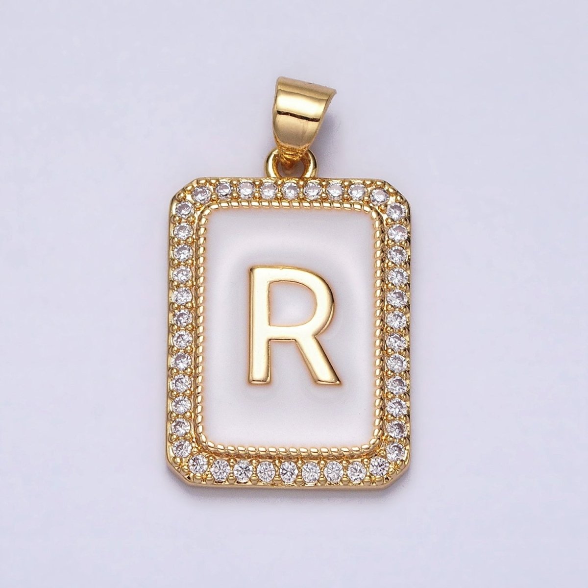16K Gold Filled Initial Letter A-Z White Enamel Micro Paved CZ Personalized Tag Pendant | A-482-A-494