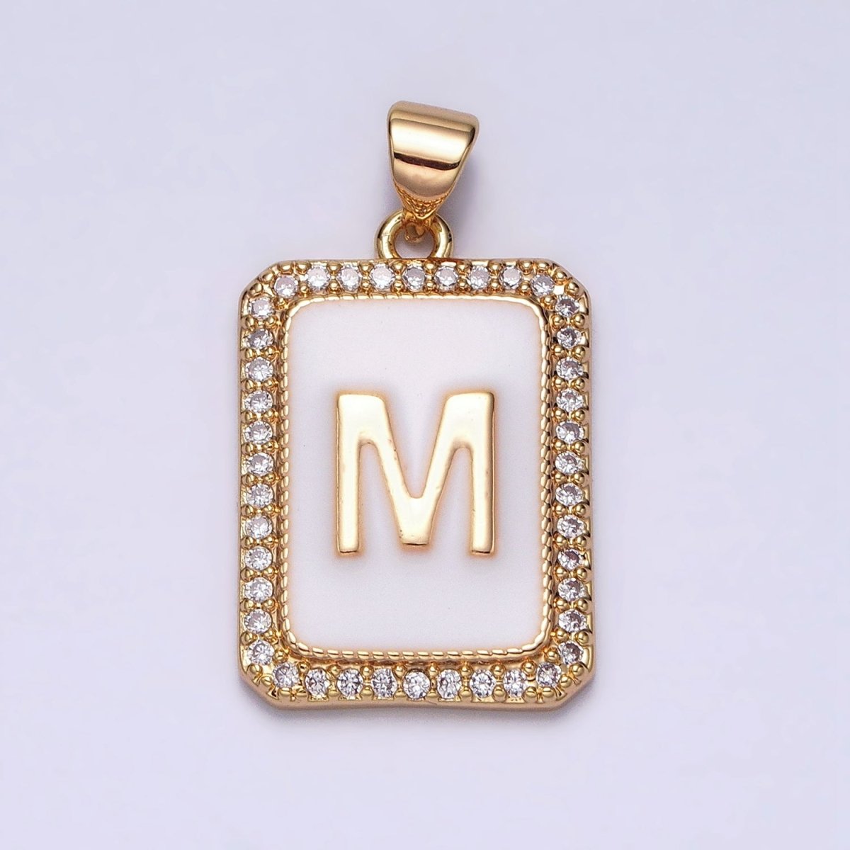 16K Gold Filled Initial Letter A-Z White Enamel Micro Paved CZ Personalized Tag Pendant | A-482-A-494