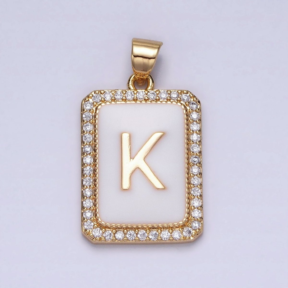 16K Gold Filled Initial Letter A-Z White Enamel Micro Paved CZ Personalized Tag Pendant | A-482-A-494