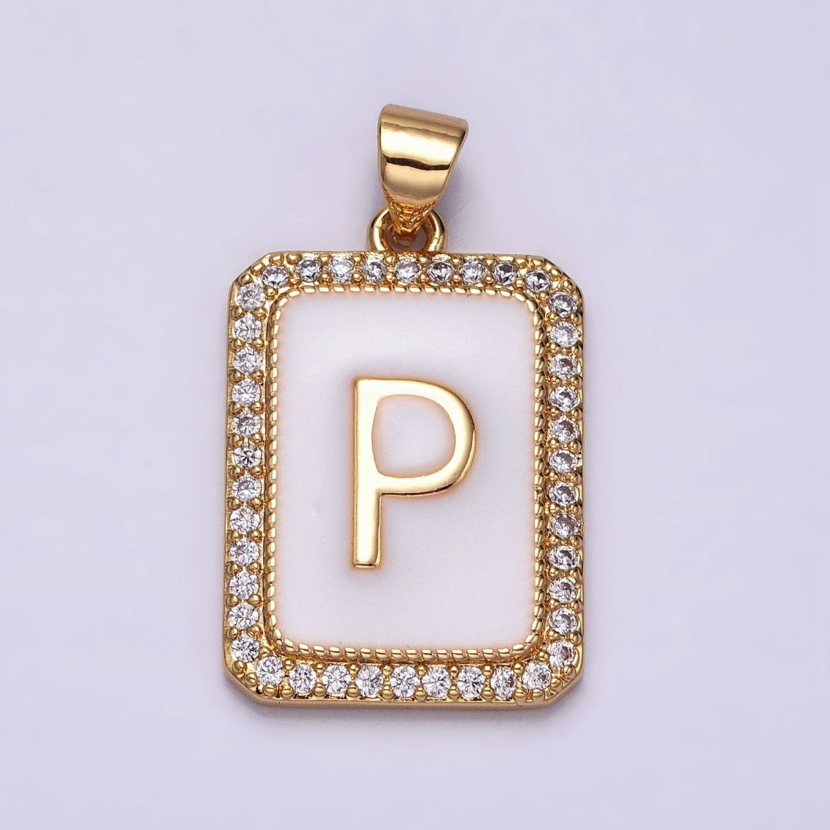 16K Gold Filled Initial Letter A-Z White Enamel Micro Paved CZ Personalized Tag Pendant | A-482-A-494