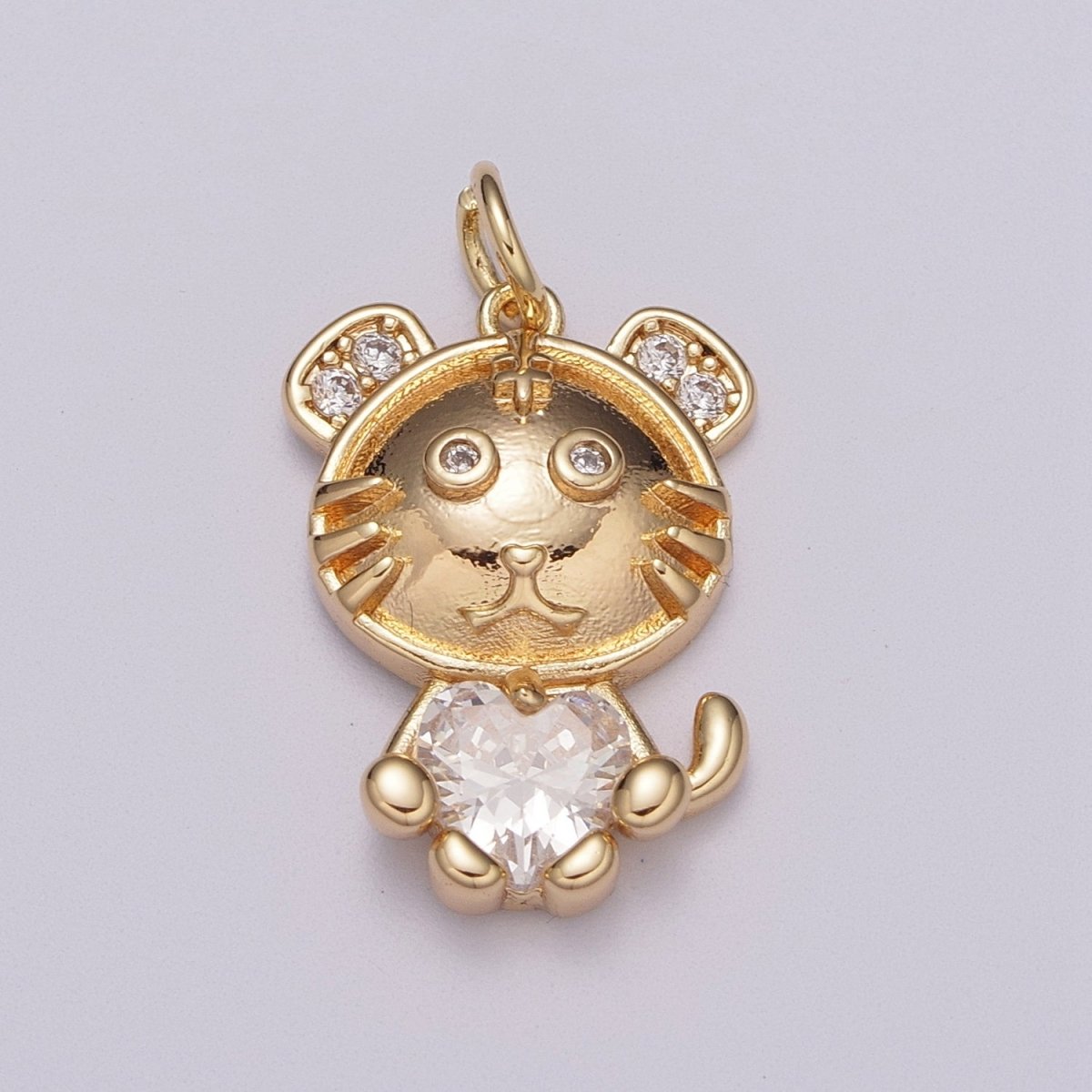 16K Gold Filled Kitty Cat Clear CZ Heart Micro Paved Animal Charm | M771