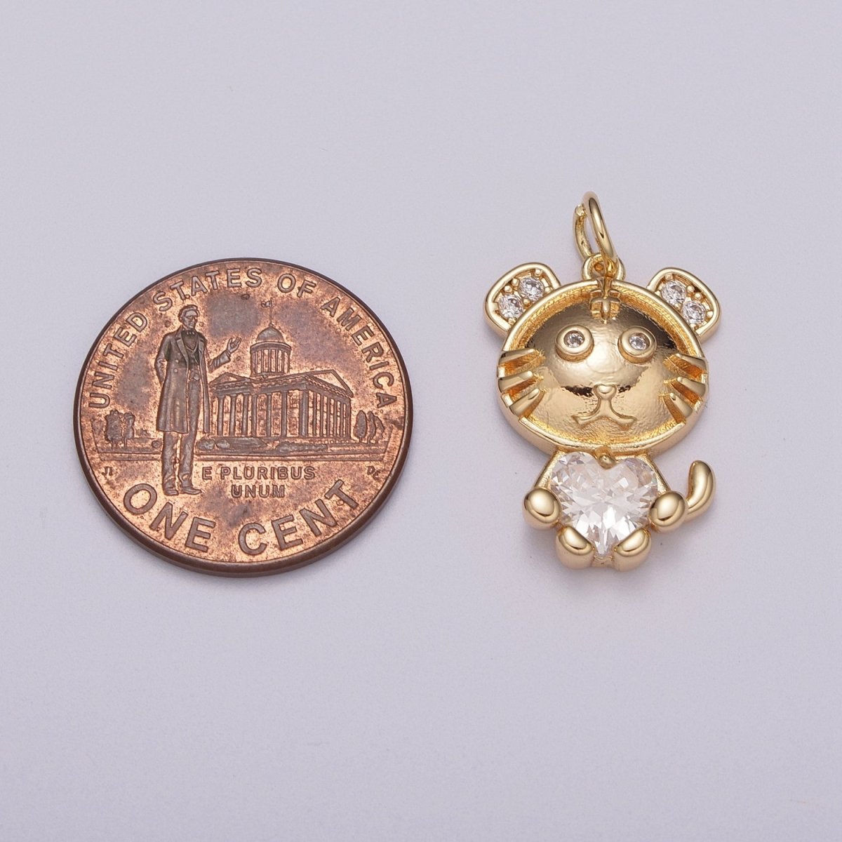 16K Gold Filled Kitty Cat Clear CZ Heart Micro Paved Animal Charm | M771
