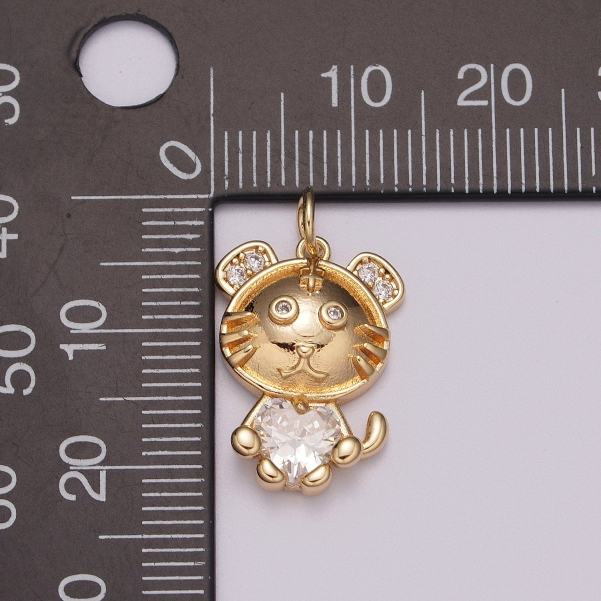 16K Gold Filled Kitty Cat Clear CZ Heart Micro Paved Animal Charm | M771