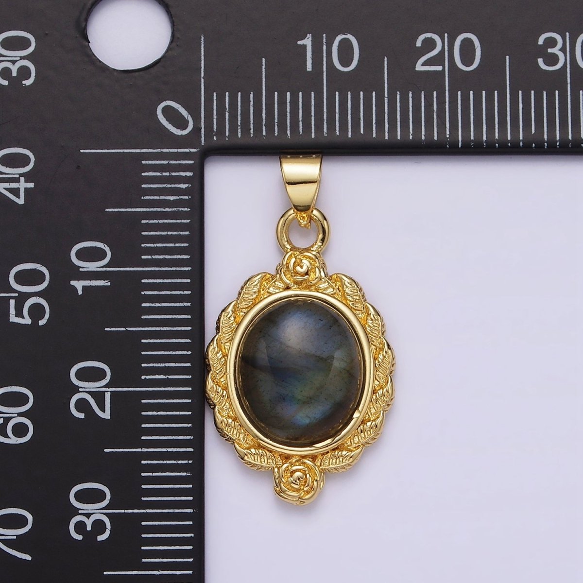 16K Gold Filled Labradorite Cabochon Rose Flower Leaf Outline Oval Pendant | N1782