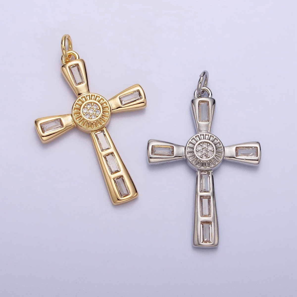 16K Gold Filled Latin Cross Clear Baguette CZ Religious Charm in Gold & Silver | AC230 AC231