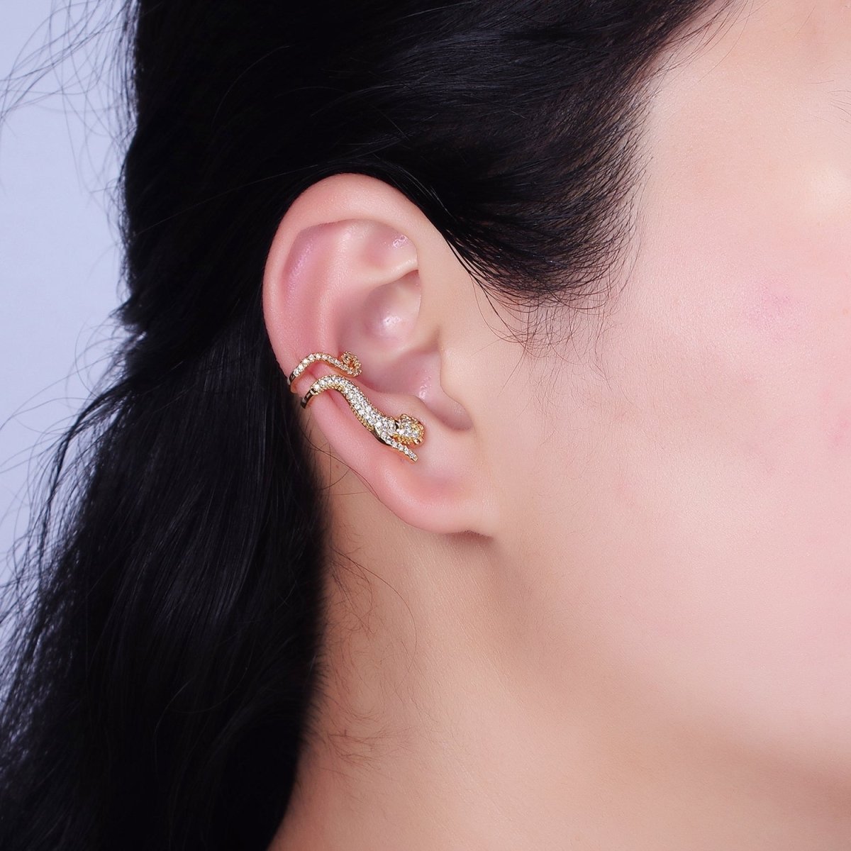 16K Gold Filled Leaping Panther Leopard Animal Micro Paved CZ Ear Cuff Earrings in Gold & Silver | AI-019 AI-020