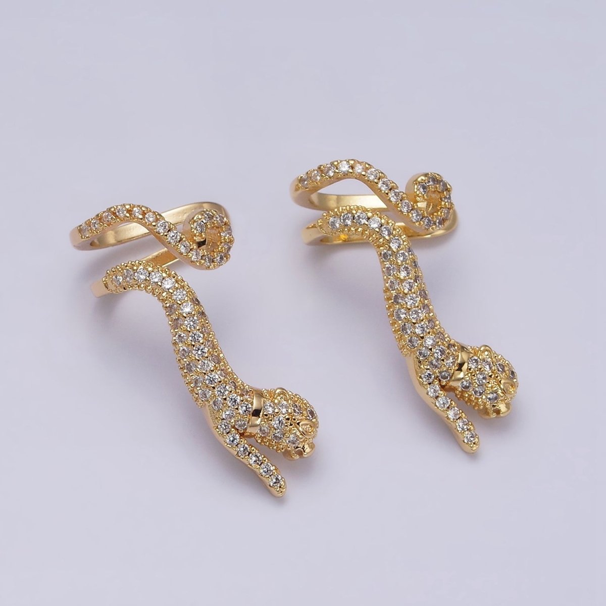 16K Gold Filled Leaping Panther Leopard Animal Micro Paved CZ Ear Cuff Earrings in Gold & Silver | AI-019 AI-020