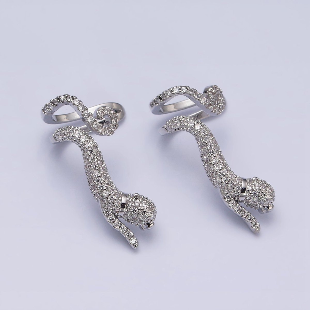 16K Gold Filled Leaping Panther Leopard Animal Micro Paved CZ Ear Cuff Earrings in Gold & Silver | AI-019 AI-020
